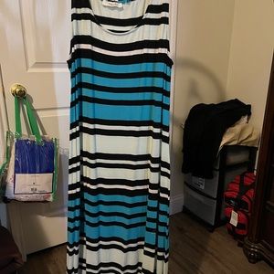 Blue striped sleeveless maxi dress.